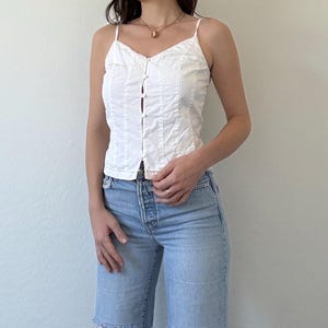 Vintage White Strappy Buttoned Spaghetti Strap Tank Top Blouse