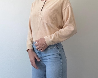 Vintage Butter Yellow Terry Cloth Henley Sweatshirt Pullover