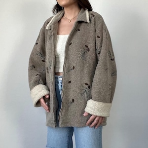 Vintage Neutral Graphic Pinecone Embroidered Sherpa Jacket