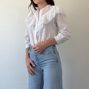 Vintage White Lace Ruffle High Neck Edwardian Victorian Peasant Blouse