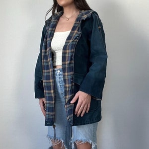 Vintage Denim Flannel Lined Hooded Chore Coat