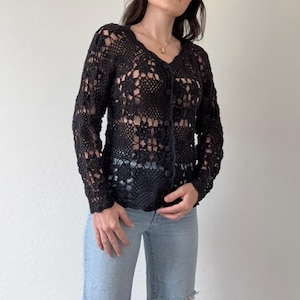 Vintage Black Knit Crochet Buttoned Sweater