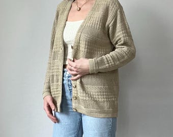 Vintage Neutral Tan Knit Textured Cardigan Sweater