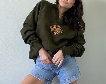 Vintage Harley Davidson Patch Olive Green Wool Sweater