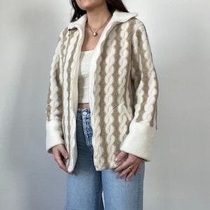 Vintage Neutral Patterned Sherpa Fleece Zip Up Jacket