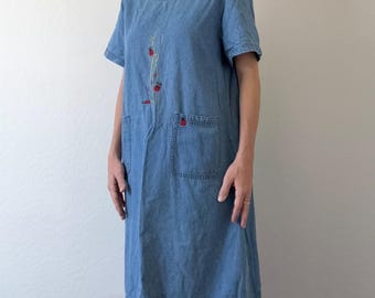 Vintage Short Sleeve Denim Embroidered Lady Bug Dress