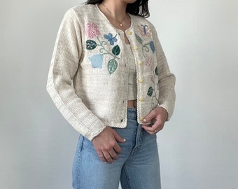 Vintage Cropped Spring Floral Knit Cardigan Sweater