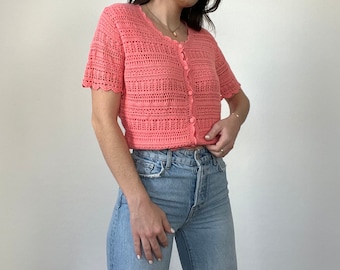 Vintage Coral Knit Crochet Blouse