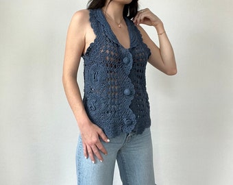 Vintage Blue Knit Crochet Sleeveless Blouse