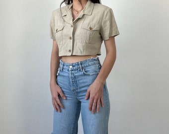 Vintage Linen Blend Collared Cropped Blouse