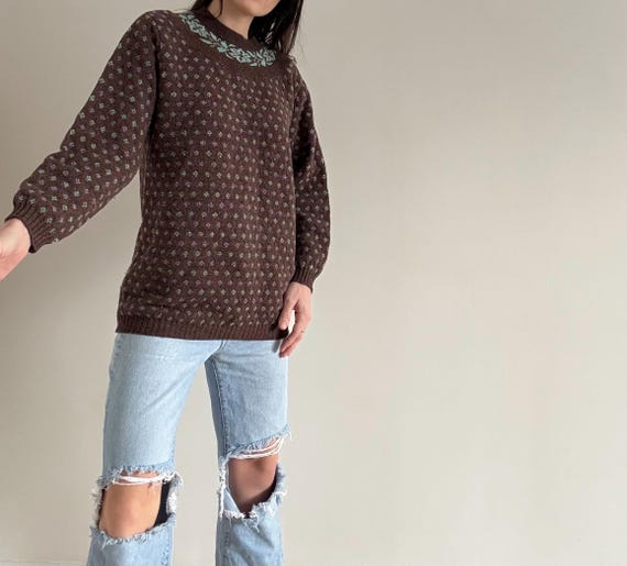 Vintage Brown Patterned Sweater - image 8