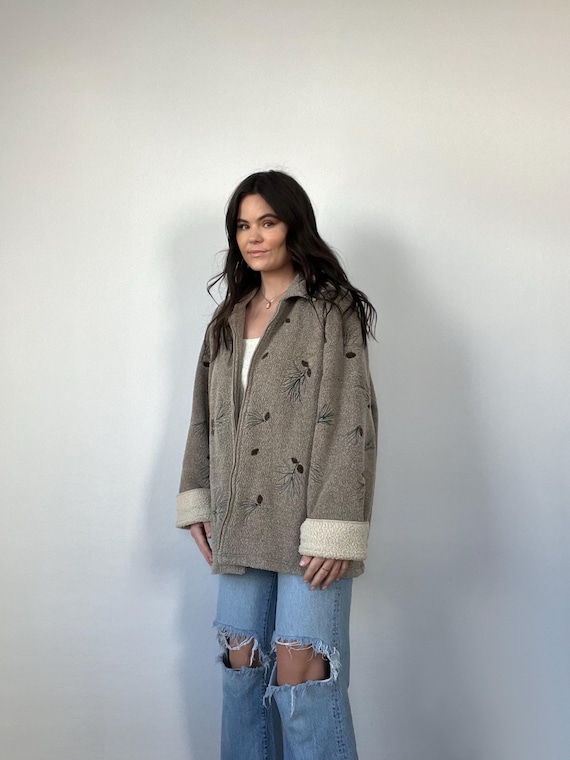 Vintage Neutral Graphic Pinecone Embroidered Sher… - image 2