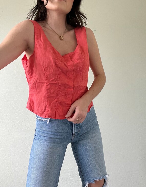 Vintage Embroidered Coral Sleeveless Blouse - image 3