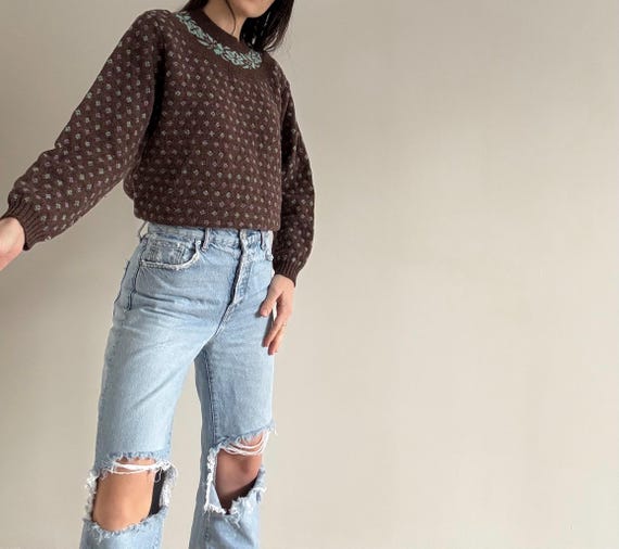 Vintage Brown Patterned Sweater - image 4