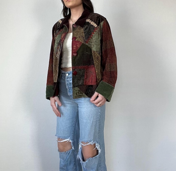 Vintage Velour Patchwork Buttoned Jacket - image 1