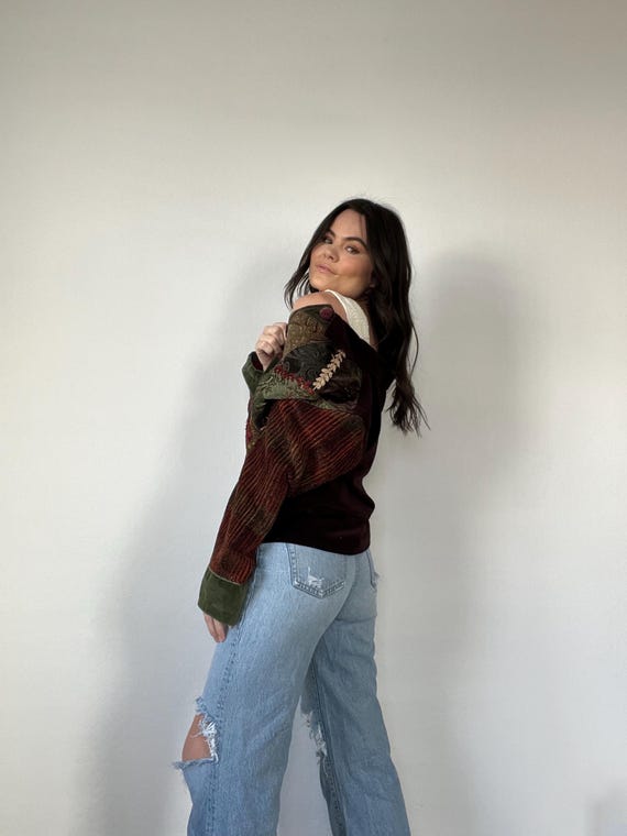 Vintage Velour Patchwork Buttoned Jacket - image 8