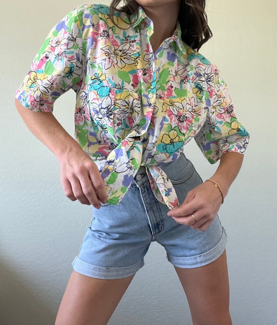 Vintage Neon Floral Collared Blouse - image 4