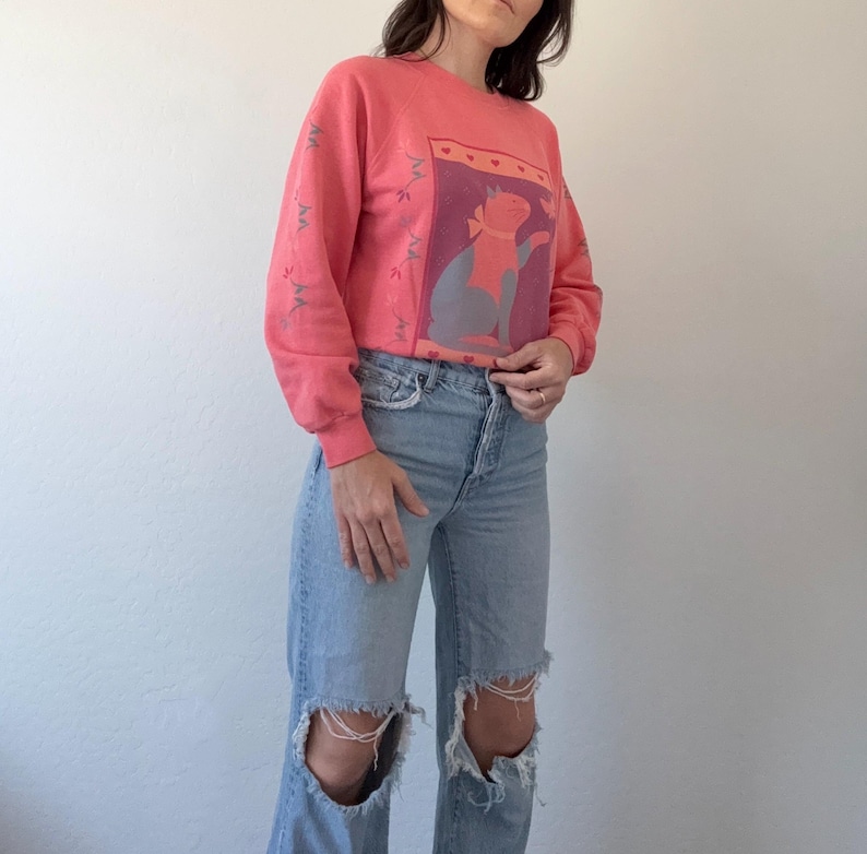 May include: Coral-coloured vintage sweatshirt with a cat graphic and bow. The cat is set against a purple background with a border of hearts. The sleeves have a repeating pattern of small, light blue shapes. The sweatshirt is paired with light wash, ripped jeans.