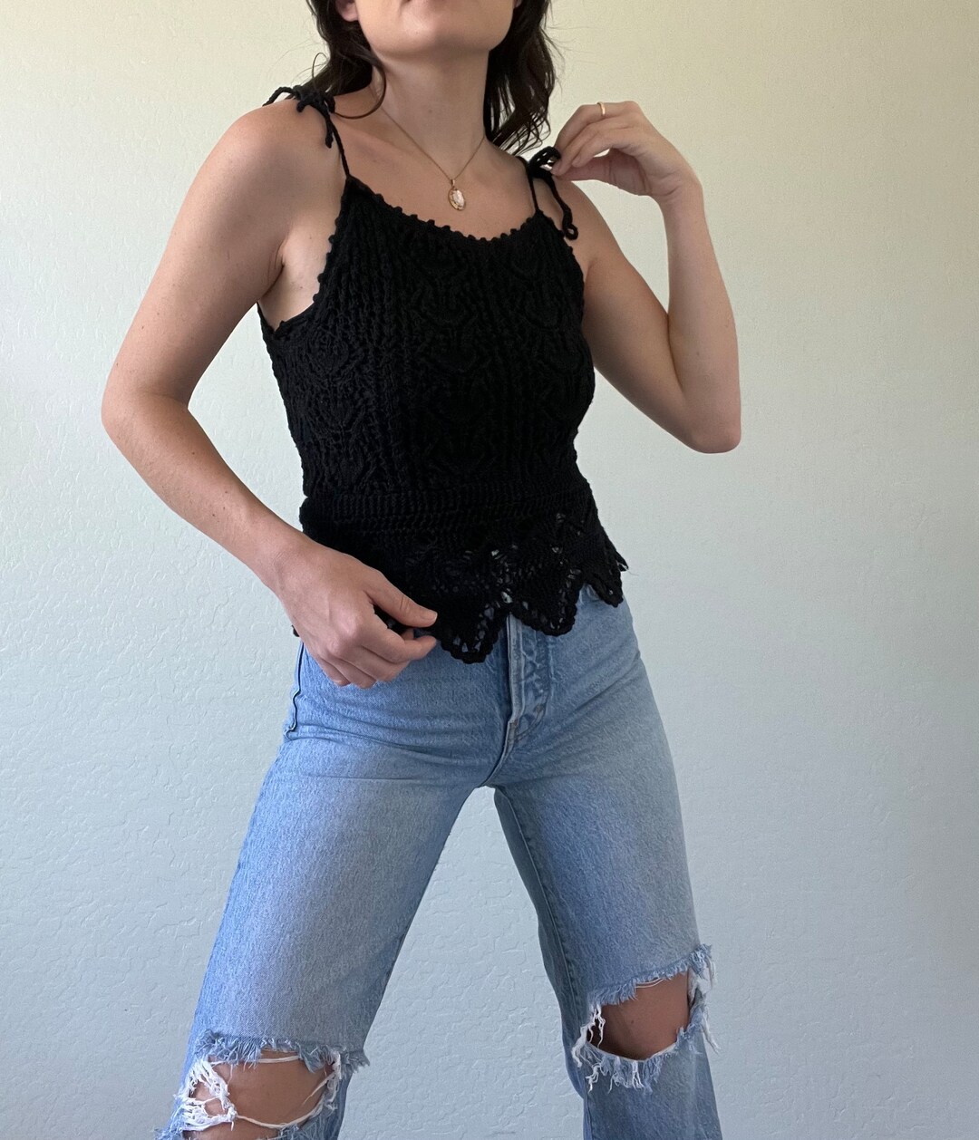 Vintage Black Crochet Tank Top Etsy