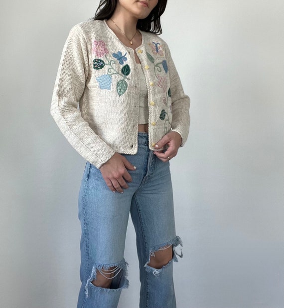 Vintage Cropped Spring Floral Knit Cardigan Sweate