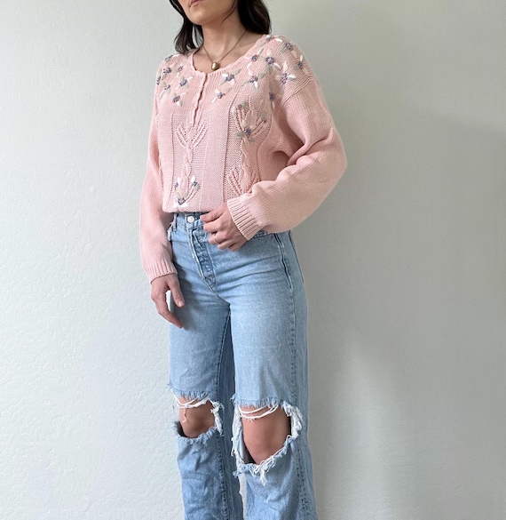 Vintage Pink Chunky Knit Grandmacore Floral Sweater - Etsy