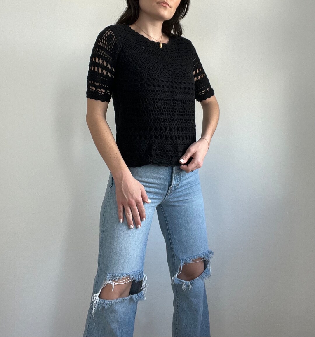 Black Crochet Short Sleeve Blouse