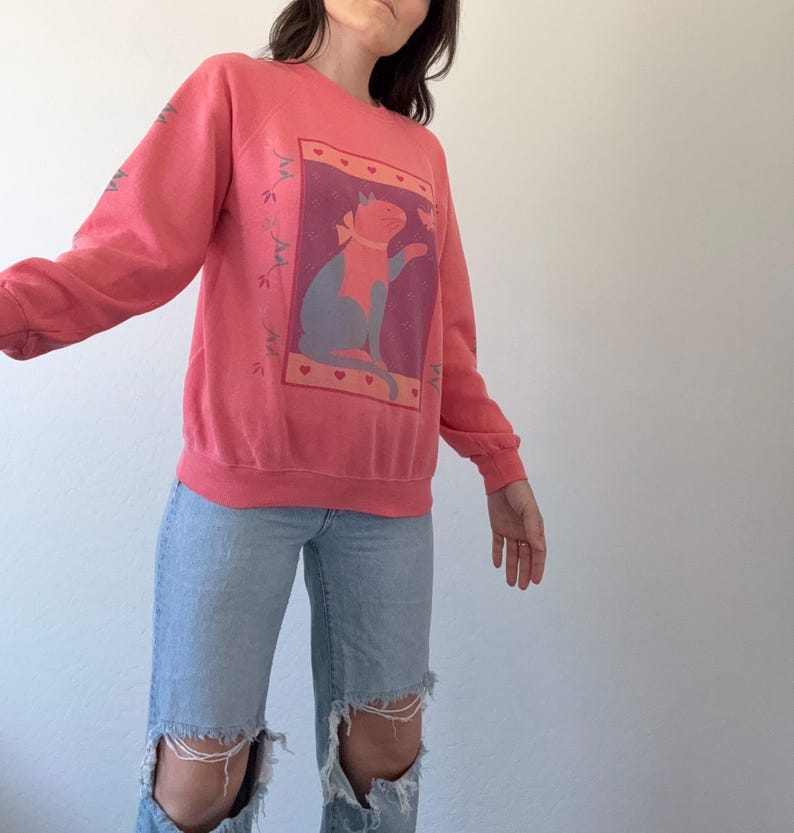 May include: A coral-coloured sweatshirt with a cat graphic. The cat is blue and grey, wearing a bow, set against a purple background with a border of hearts. The sleeves have a decorative design. The sweatshirt is a casual style.