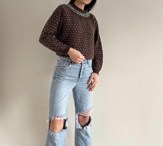 Vintage Brown Patterned Sweater - image 9