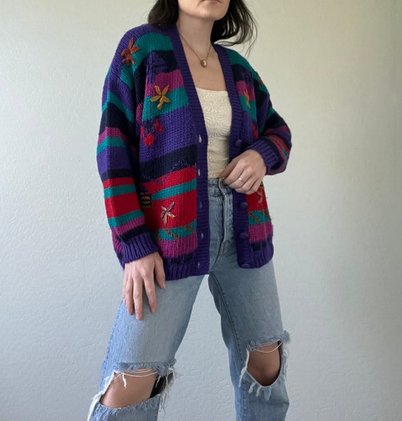 Vintage Multicolored Floral Cardigan Sweater - image 5