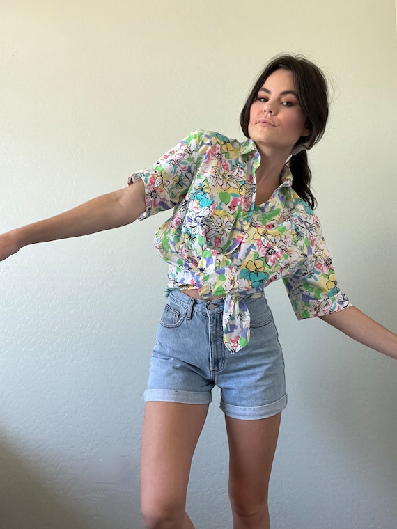 Vintage Neon Floral Collared Blouse - image 2