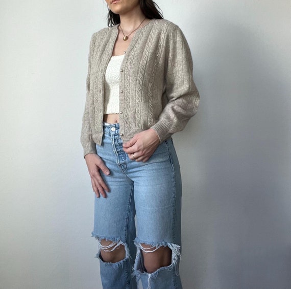 Vintage Neutral Pearl Beaded Lambswool Angora Cardigan Sweater