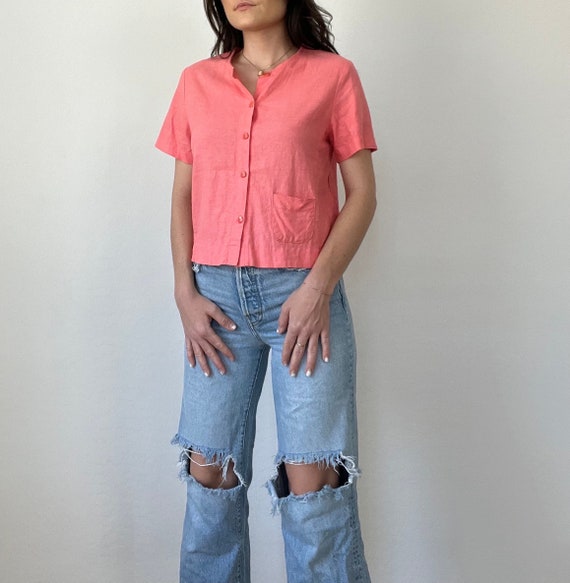 Vintage Short Sleeve Linen Blend Buttoned Blouse