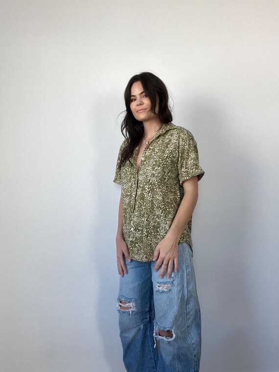 Vintage Short Sleeve Green Patterned Blouse - image 2