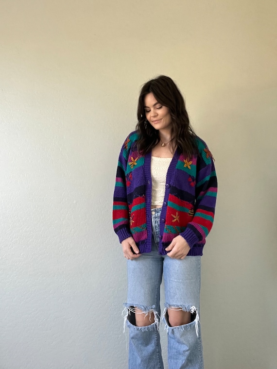 Vintage Multicolored Floral Cardigan Sweater - image 2