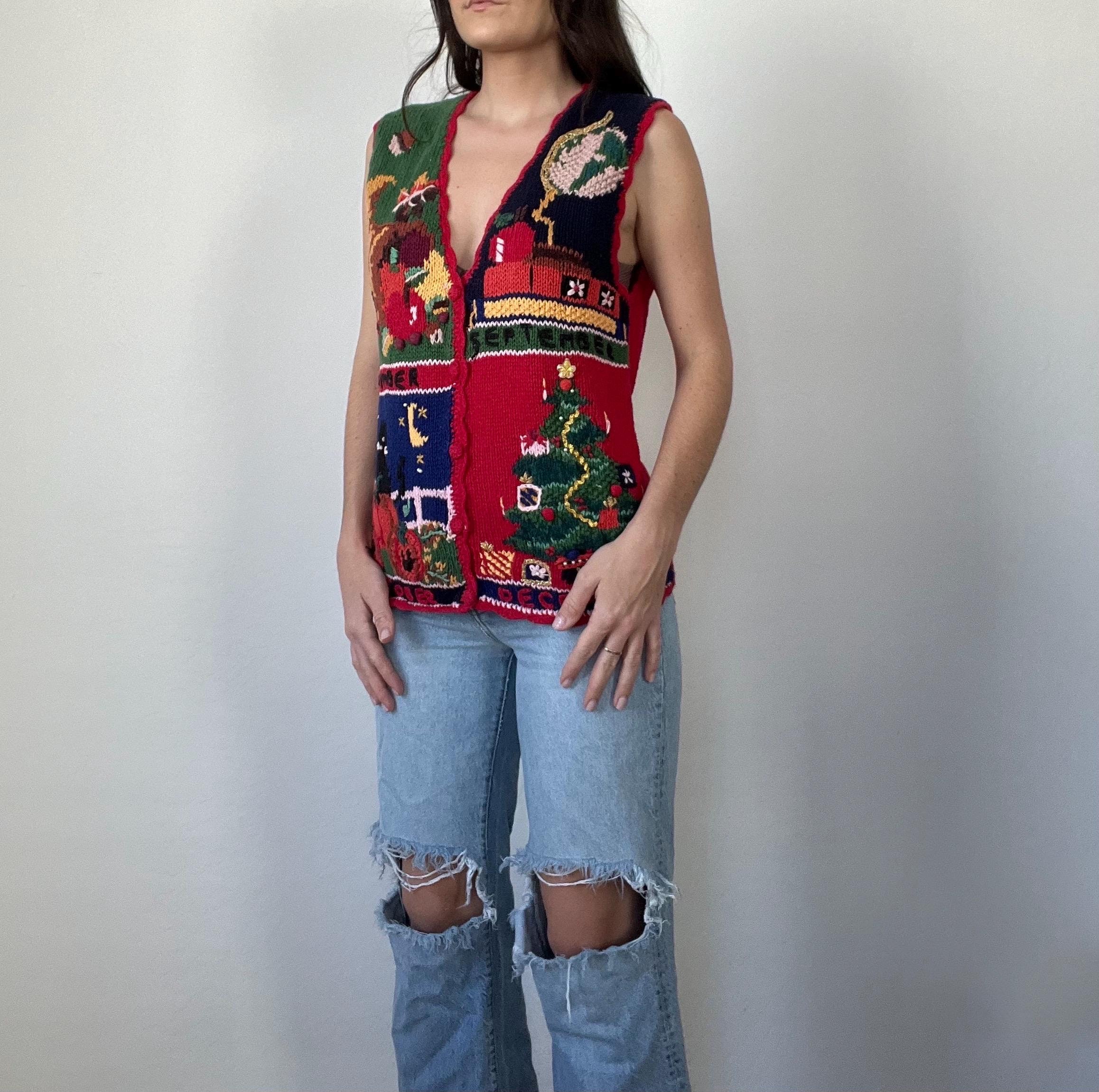 Vintage Multicolored Graphic Fall Seasons Sweater Vest