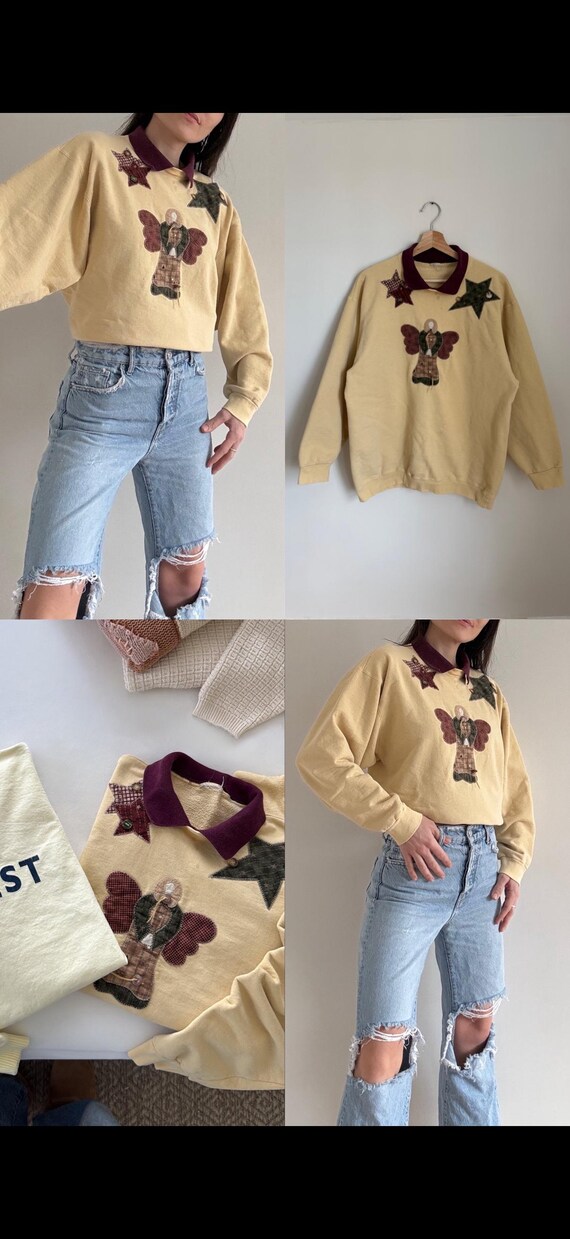 Vintage Patchwork Stitched Angel Collared Sweatsh… - image 7