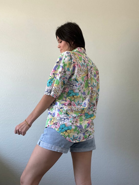 Vintage Neon Floral Collared Blouse - image 5