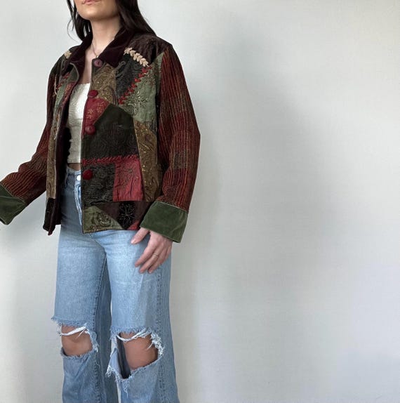 Vintage Velour Patchwork Buttoned Jacket - image 3