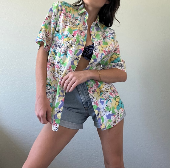 Vintage Neon Floral Collared Blouse - image 1