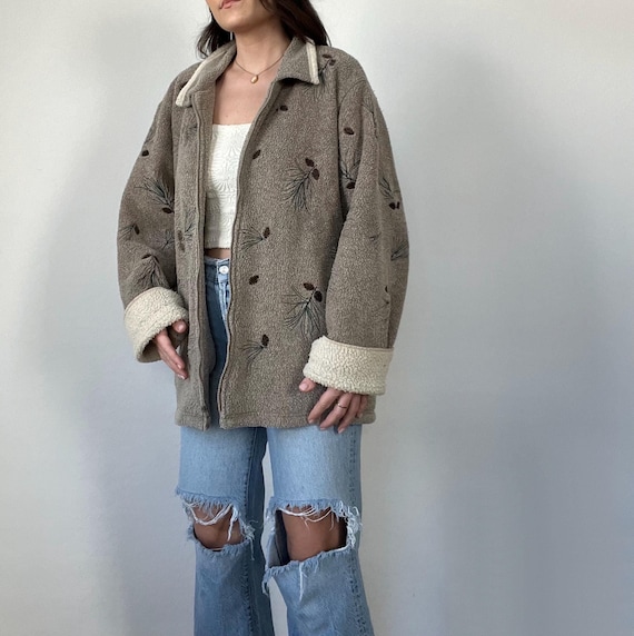 Vintage Neutral Graphic Pinecone Embroidered Sher… - image 1