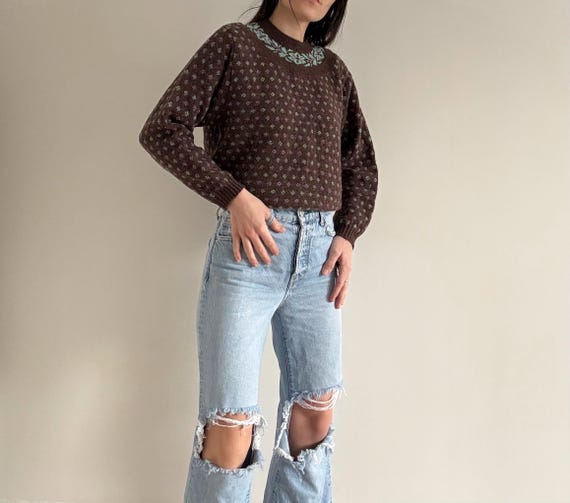 Vintage Brown Patterned Sweater - image 1