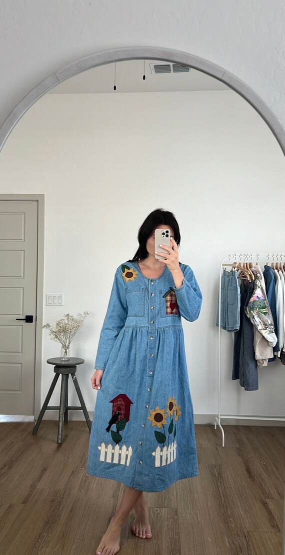 Vintage Denim Sunflower Midi Dress