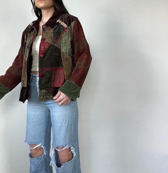 Vintage Velour Patchwork Buttoned Jacket - image 7