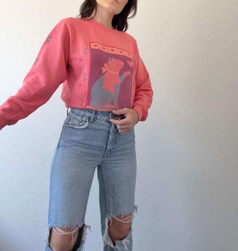 May include: A coral-coloured sweatshirt with a cat graphic, set against a purple background with hearts. The sleeves have a decorative design. The sweatshirt is worn with light blue ripped jeans. The cat graphic has a bow.