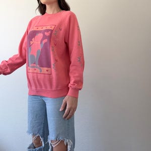 May include: A coral sweatshirt with a cat graphic in a framed design. The cat is in pink and blue, with floral and heart accents. The sleeves have floral details. A casual, comfortable top.