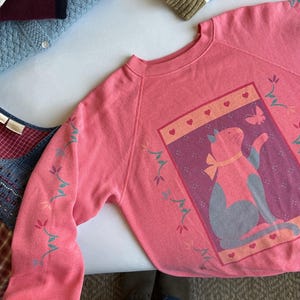 May include: A pink sweatshirt with a cat illustration in a rectangular frame, decorated with hearts and a butterfly. Floral patterns adorn the sleeves. Other sweaters are visible in the background.