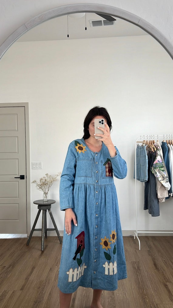 Vintage Denim Sunflower Midi Dress - image 2