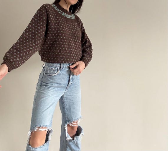 Vintage Brown Patterned Sweater - image 2