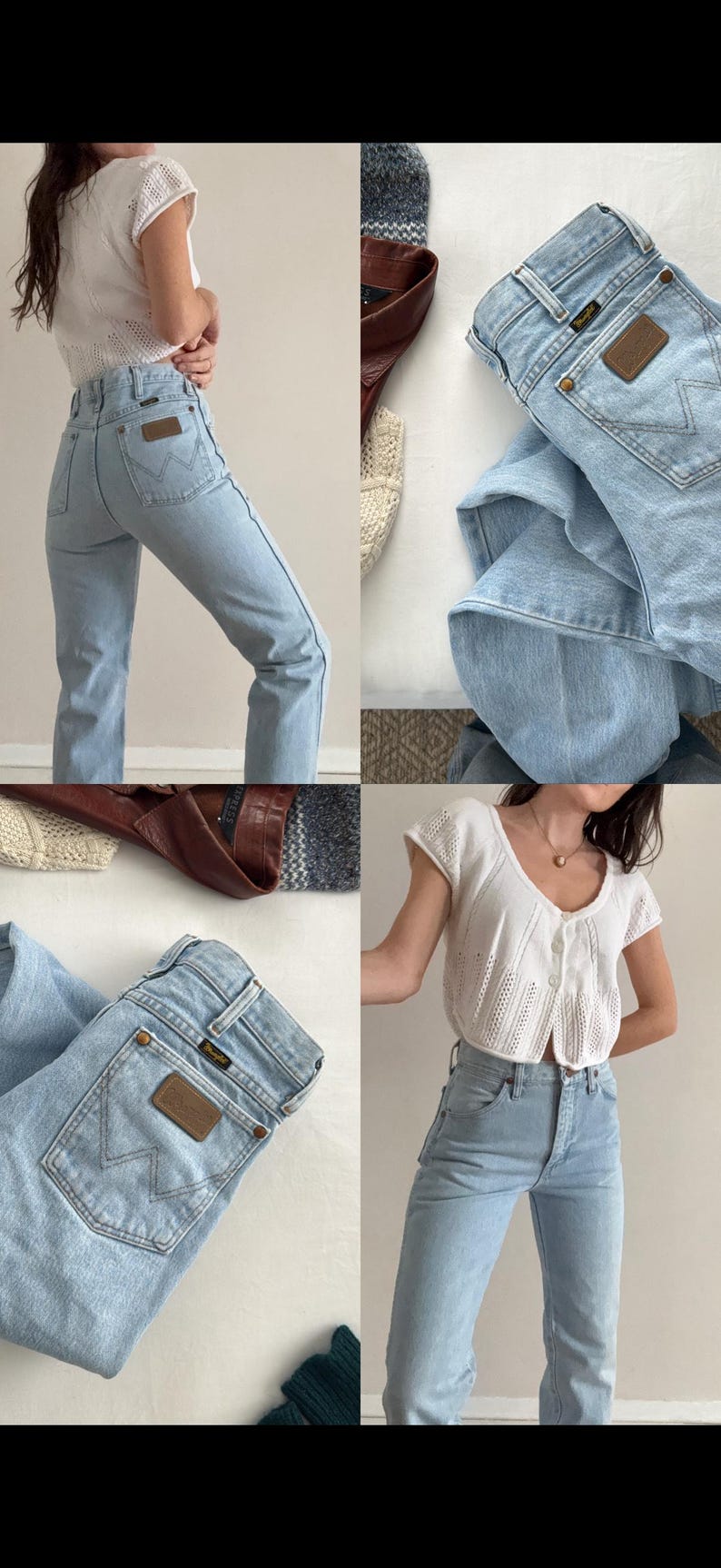 May include: Light blue denim jeans with a brown leather patch on the back pocket. The jeans are paired with a white, short-sleeved, button-up top. The image showcases a vintage clothing aesthetic.