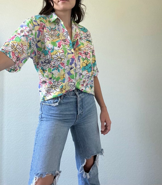 Vintage Floral Collared Neon Blouse